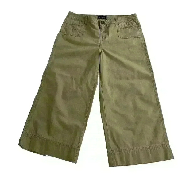 Eddie Bauer Womens Size 6 Tan Khaki Capri Wide Leg Pants Embroidered Accents - Picture 2 of 16